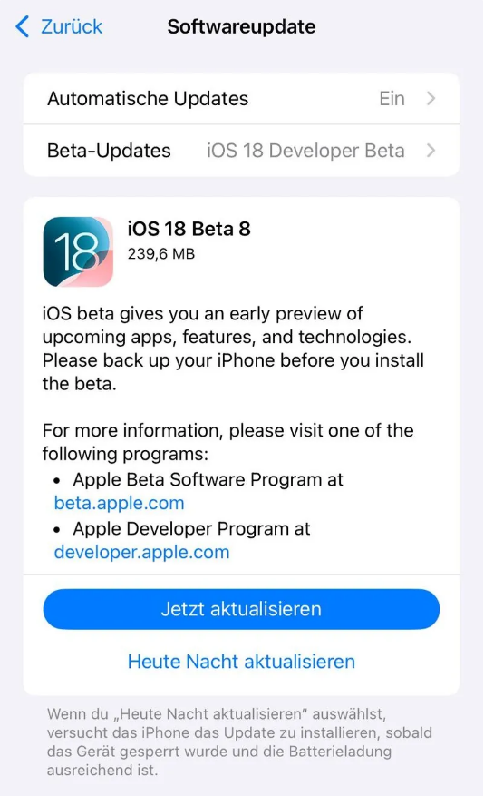 临漳苹果手机维修分享苹果 iOS / iPadOS 18 开发者预览版 Beta 8 发布 